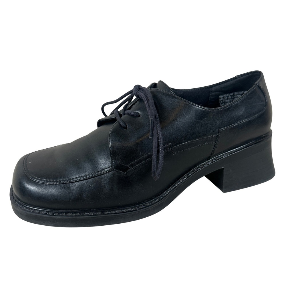Black Leather Chunky Heel Oxford Square Toe Women 9 90s Y2K Grunge Dark Academia